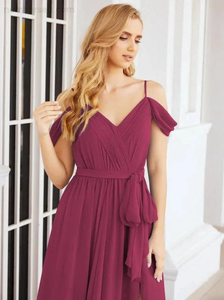 Numbersea Off The Shoulder Chiffon Bridesmaid Dress Long Formal Graduation Gown with Cowl Back 28069 - Image 102