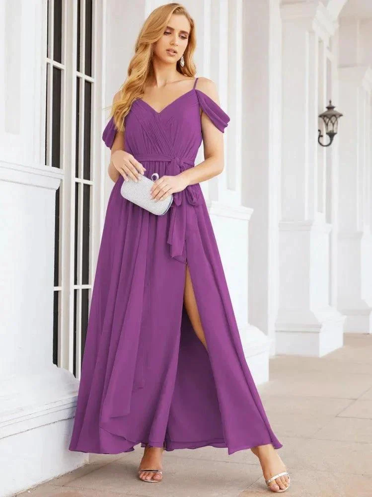 Numbersea Off The Shoulder Chiffon Bridesmaid Dress Long Formal Graduation Gown with Cowl Back 28069 - Image 106