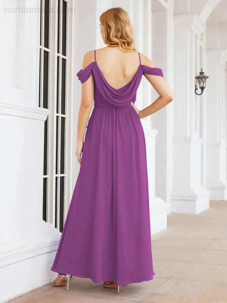 Numbersea Off The Shoulder Chiffon Bridesmaid Dress Long Formal Graduation Gown with Cowl Back 28069 - Image 107