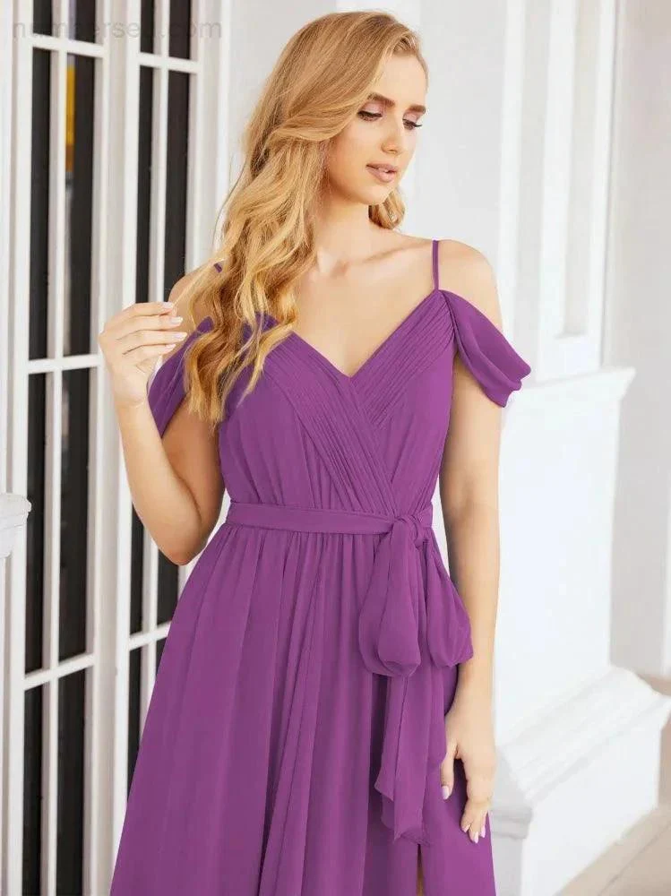 Numbersea Off The Shoulder Chiffon Bridesmaid Dress Long Formal Graduation Gown with Cowl Back 28069 - Image 108