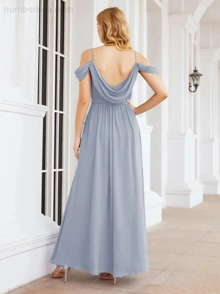 Numbersea Off The Shoulder Chiffon Bridesmaid Dress Long Formal Graduation Gown with Cowl Back 28069 - Image 11