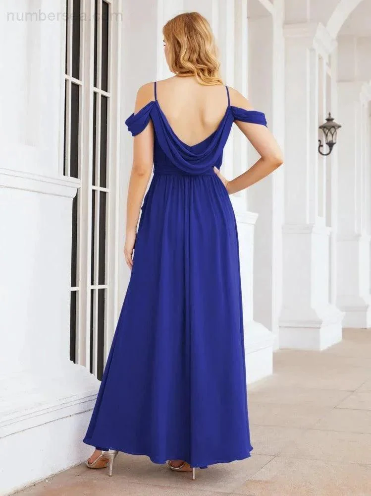 Numbersea Off The Shoulder Chiffon Bridesmaid Dress Long Formal Graduation Gown with Cowl Back 28069 - Image 110