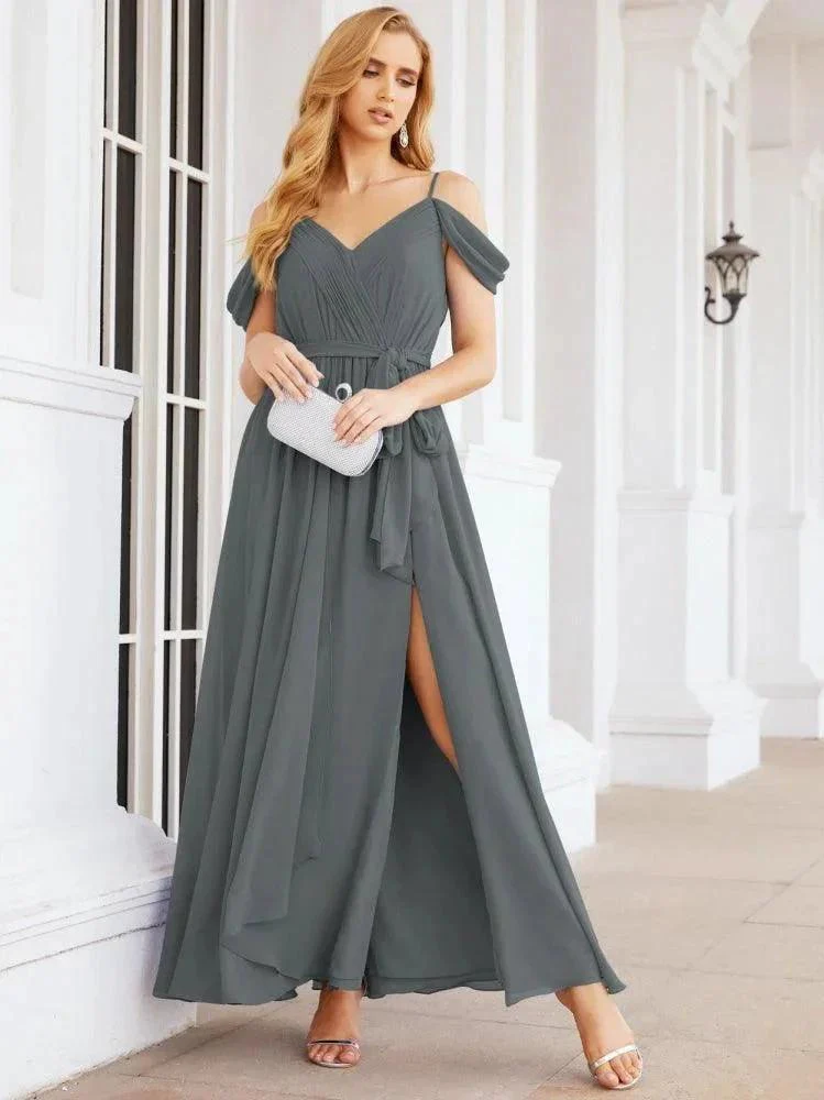 Numbersea Off The Shoulder Chiffon Bridesmaid Dress Long Formal Graduation Gown with Cowl Back 28069 - Image 112
