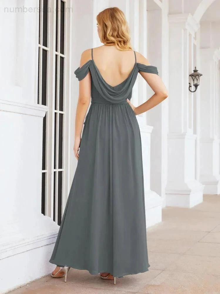 Numbersea Off The Shoulder Chiffon Bridesmaid Dress Long Formal Graduation Gown with Cowl Back 28069 - Image 113