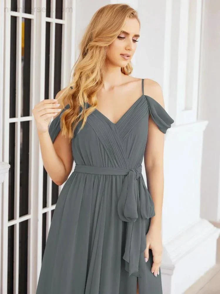 Numbersea Off The Shoulder Chiffon Bridesmaid Dress Long Formal Graduation Gown with Cowl Back 28069 - Image 114