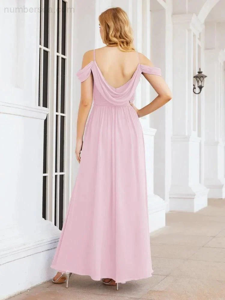 Numbersea Off The Shoulder Chiffon Bridesmaid Dress Long Formal Graduation Gown with Cowl Back 28069 - Image 116