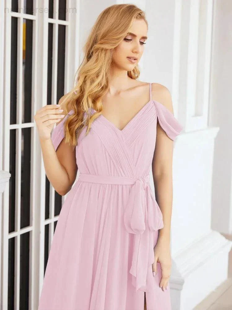Numbersea Off The Shoulder Chiffon Bridesmaid Dress Long Formal Graduation Gown with Cowl Back 28069 - Image 117
