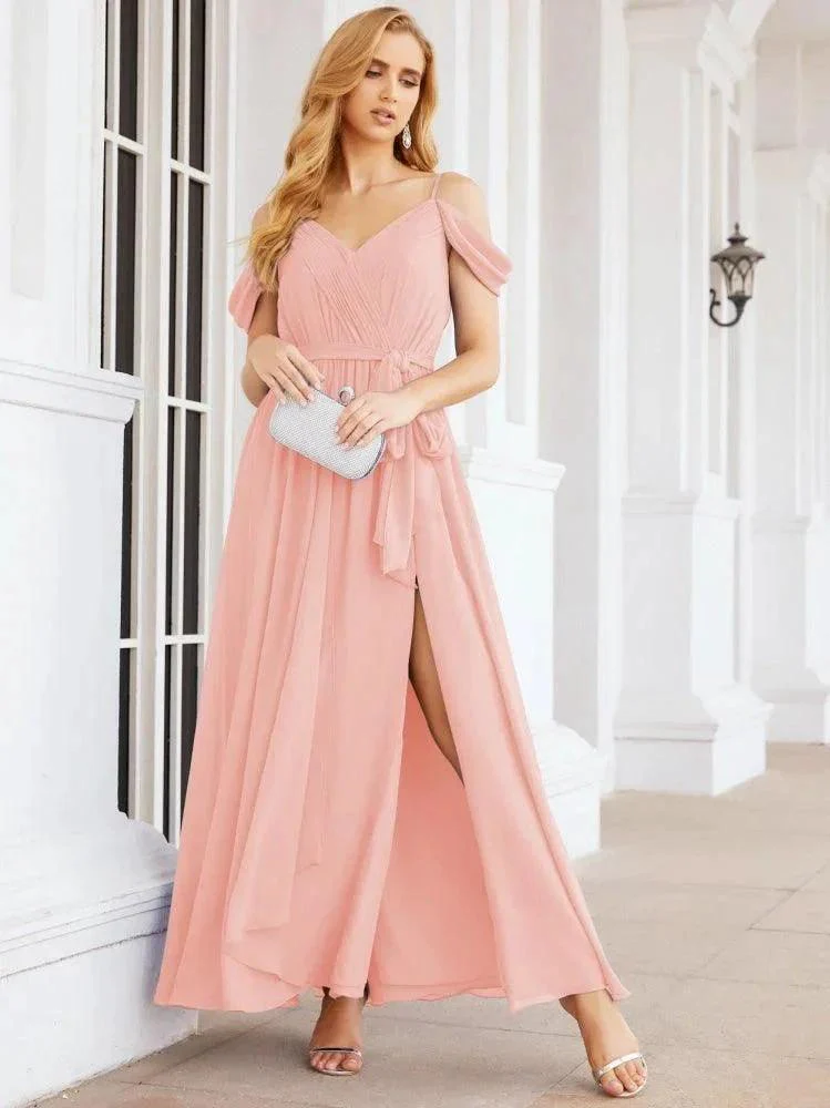 Numbersea Off The Shoulder Chiffon Bridesmaid Dress Long Formal Graduation Gown with Cowl Back 28069 - Image 118