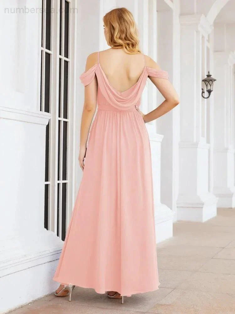 Numbersea Off The Shoulder Chiffon Bridesmaid Dress Long Formal Graduation Gown with Cowl Back 28069 - Image 119
