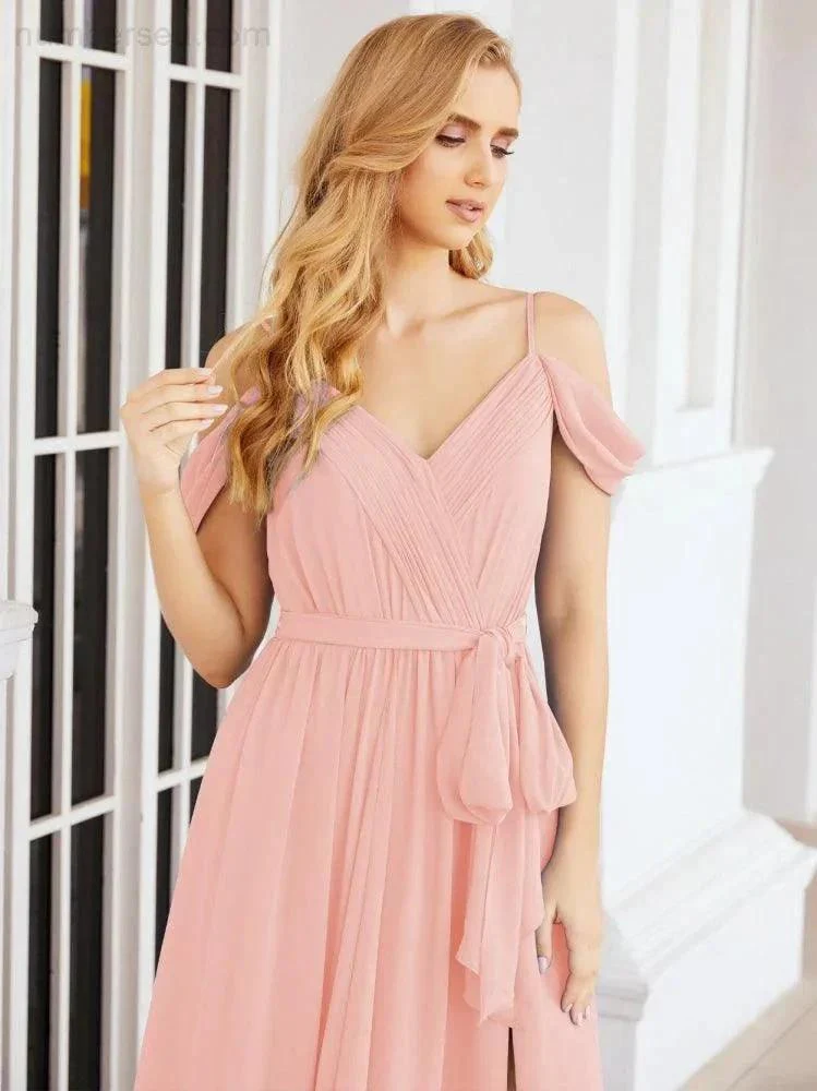 Numbersea Off The Shoulder Chiffon Bridesmaid Dress Long Formal Graduation Gown with Cowl Back 28069 - Image 120