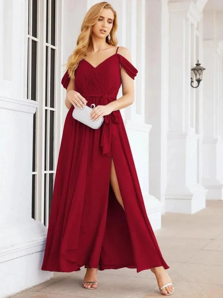 Numbersea Off The Shoulder Chiffon Bridesmaid Dress Long Formal Graduation Gown with Cowl Back 28069 - Image 121