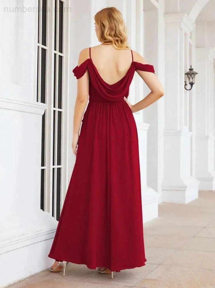 Numbersea Off The Shoulder Chiffon Bridesmaid Dress Long Formal Graduation Gown with Cowl Back 28069 - Image 122