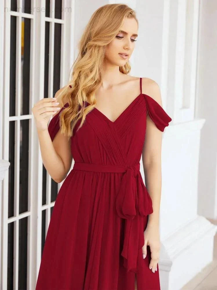Numbersea Off The Shoulder Chiffon Bridesmaid Dress Long Formal Graduation Gown with Cowl Back 28069 - Image 123