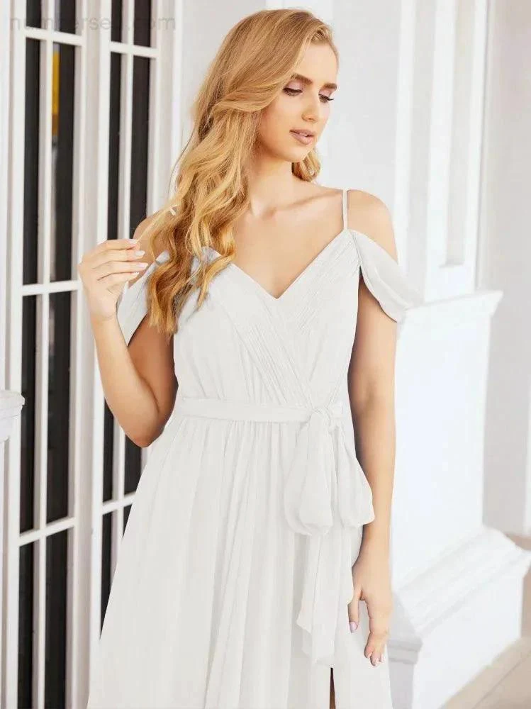 Numbersea Off The Shoulder Chiffon Bridesmaid Dress Long Formal Graduation Gown with Cowl Back 28069 - Image 126