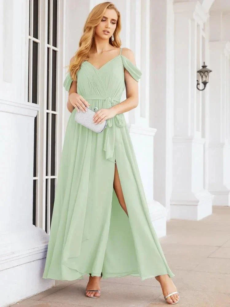 Numbersea Off The Shoulder Chiffon Bridesmaid Dress Long Formal Graduation Gown with Cowl Back 28069 - Image 13