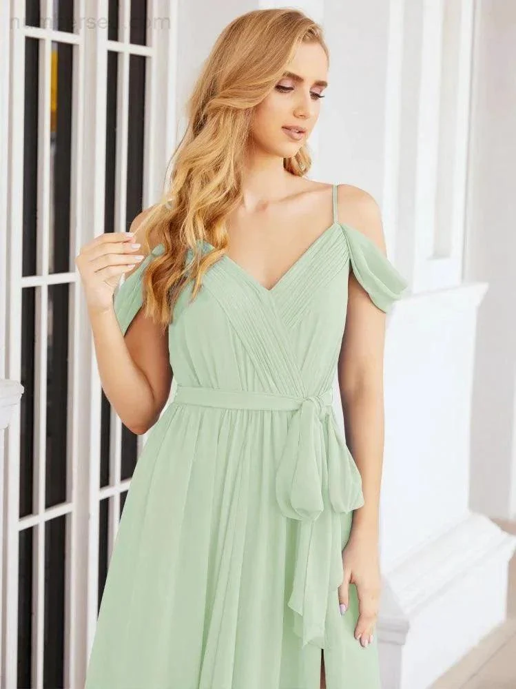 Numbersea Off The Shoulder Chiffon Bridesmaid Dress Long Formal Graduation Gown with Cowl Back 28069 - Image 15