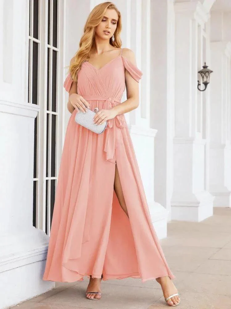 Numbersea Off The Shoulder Chiffon Bridesmaid Dress Long Formal Graduation Gown with Cowl Back 28069 - Image 16