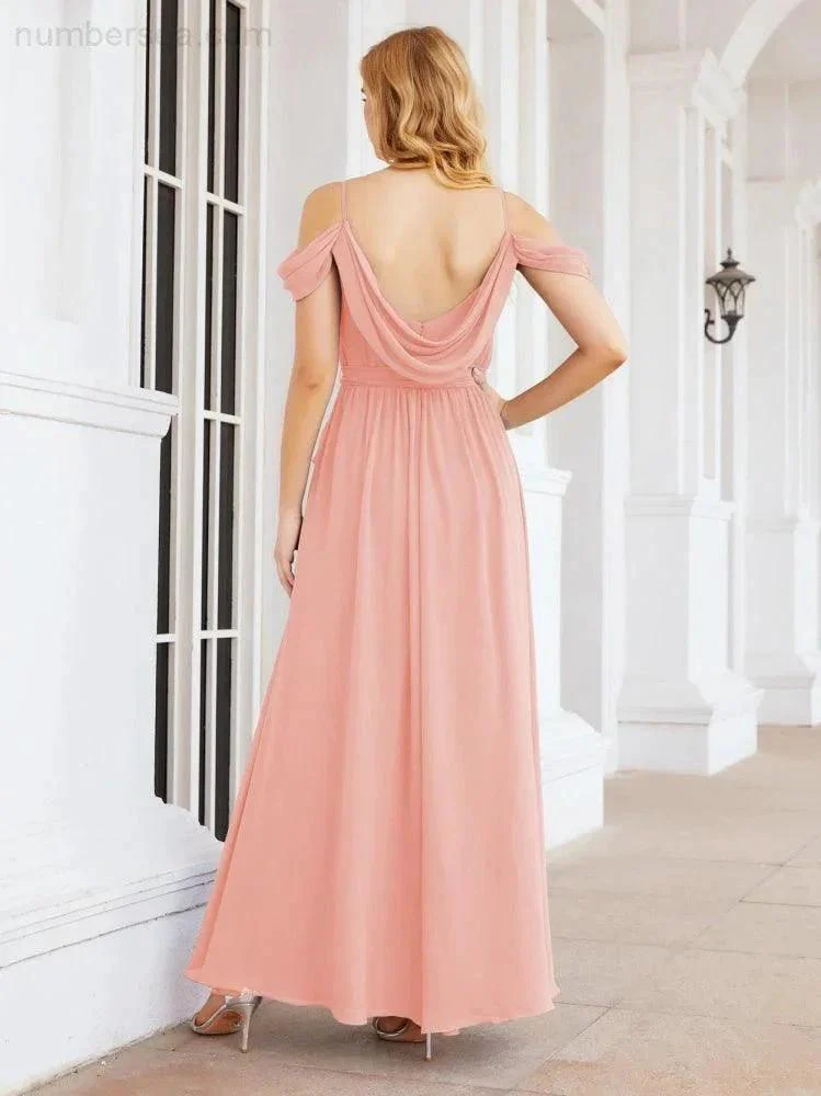 Numbersea Off The Shoulder Chiffon Bridesmaid Dress Long Formal Graduation Gown with Cowl Back 28069 - Image 17