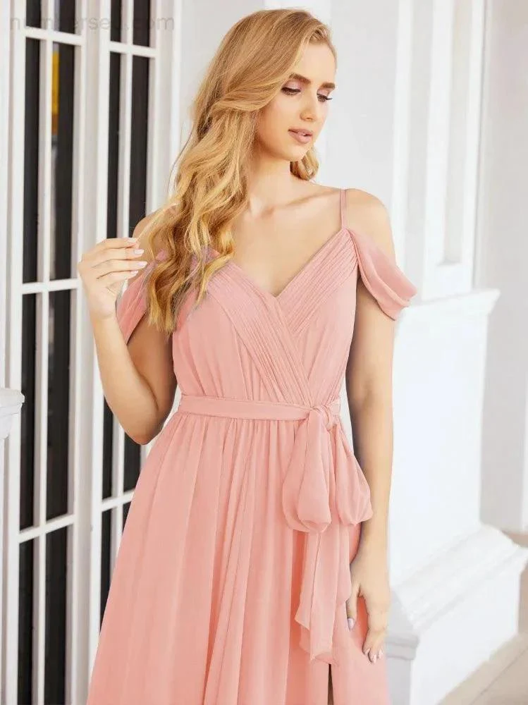 Numbersea Off The Shoulder Chiffon Bridesmaid Dress Long Formal Graduation Gown with Cowl Back 28069 - Image 18