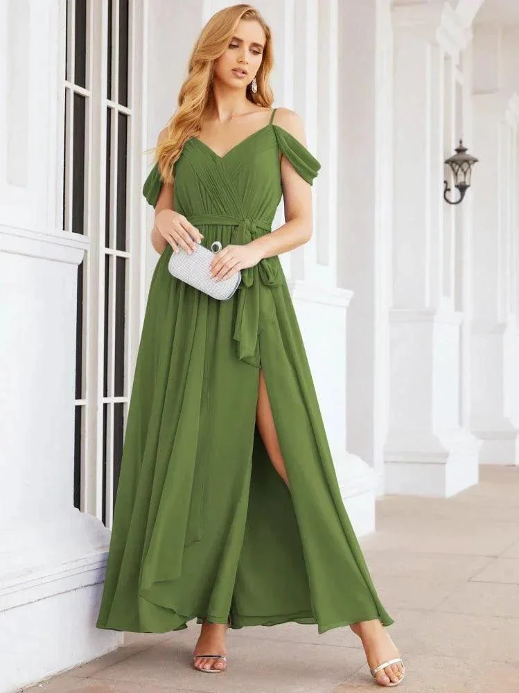 Numbersea Off The Shoulder Chiffon Bridesmaid Dress Long Formal Graduation Gown with Cowl Back 28069 - Image 19