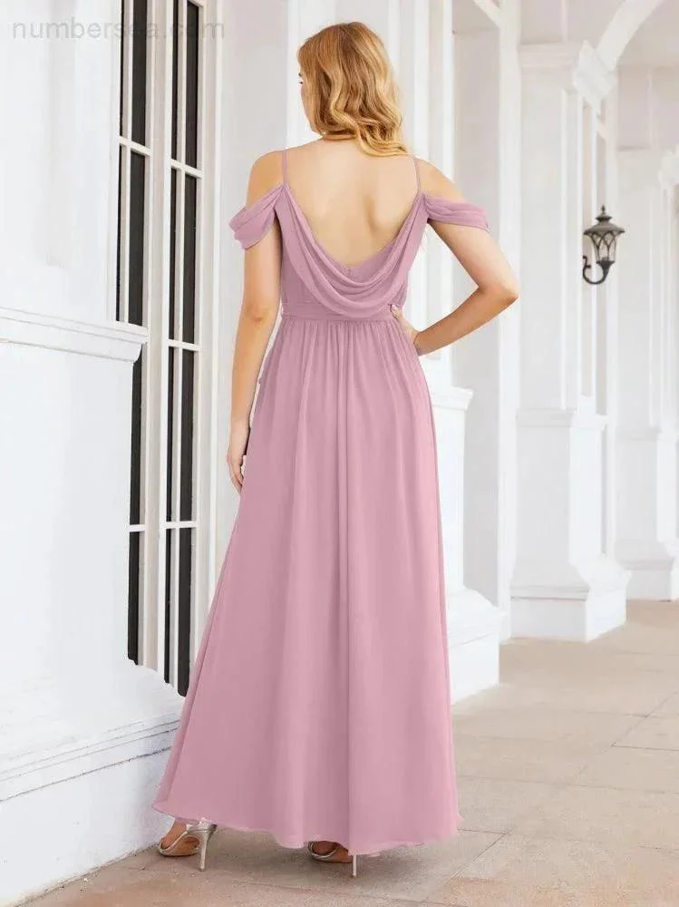 Numbersea Off The Shoulder Chiffon Bridesmaid Dress Long Formal Graduation Gown with Cowl Back 28069 - Image 2