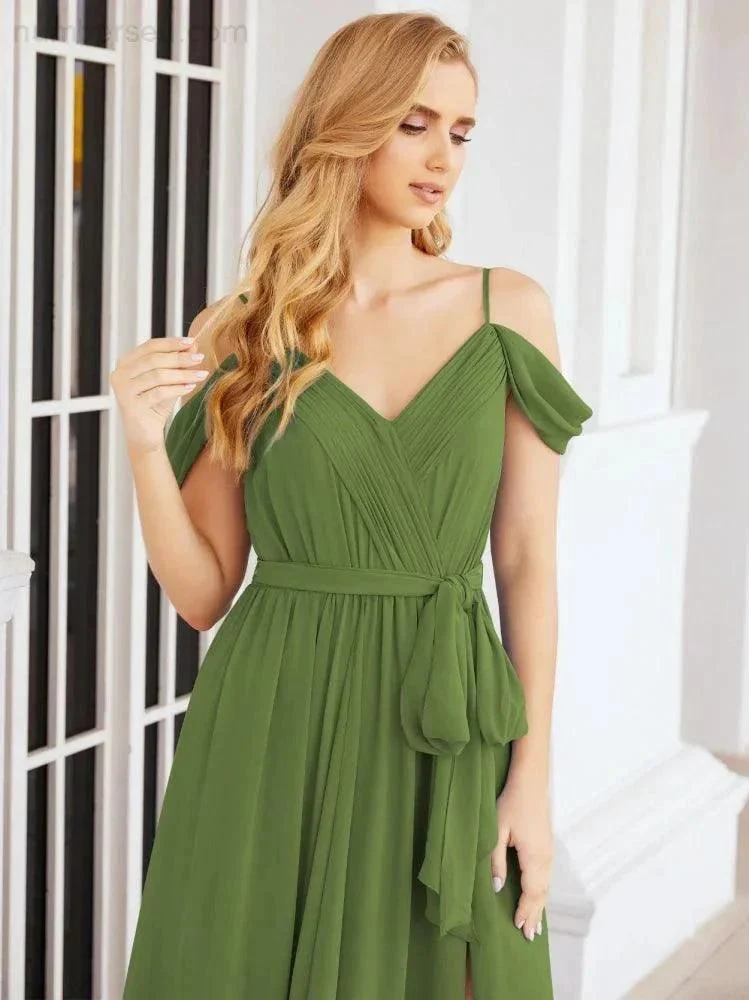Numbersea Off The Shoulder Chiffon Bridesmaid Dress Long Formal Graduation Gown with Cowl Back 28069 - Image 21