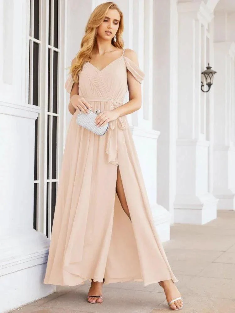 Numbersea Off The Shoulder Chiffon Bridesmaid Dress Long Formal Graduation Gown with Cowl Back 28069 - Image 22