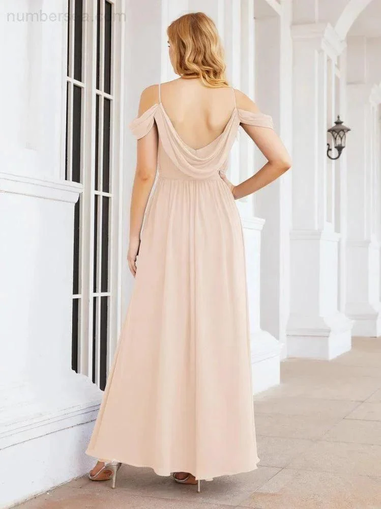 Numbersea Off The Shoulder Chiffon Bridesmaid Dress Long Formal Graduation Gown with Cowl Back 28069 - Image 23