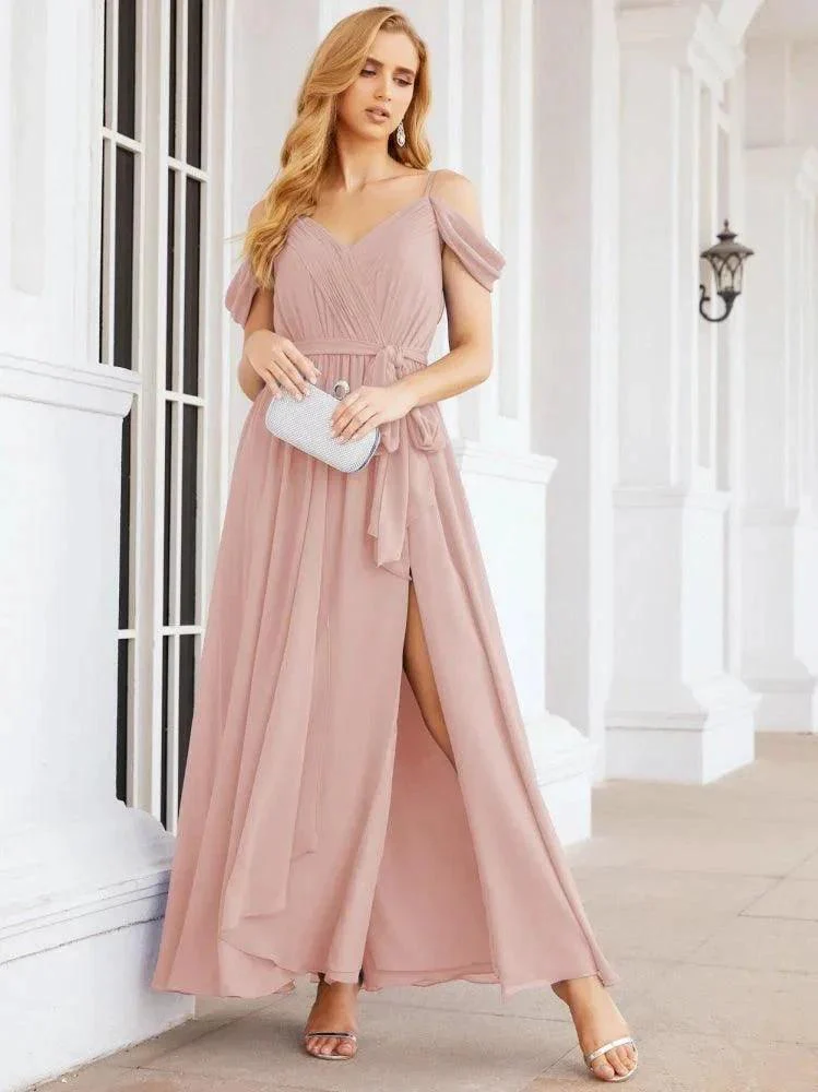 Numbersea Off The Shoulder Chiffon Bridesmaid Dress Long Formal Graduation Gown with Cowl Back 28069 - Image 25