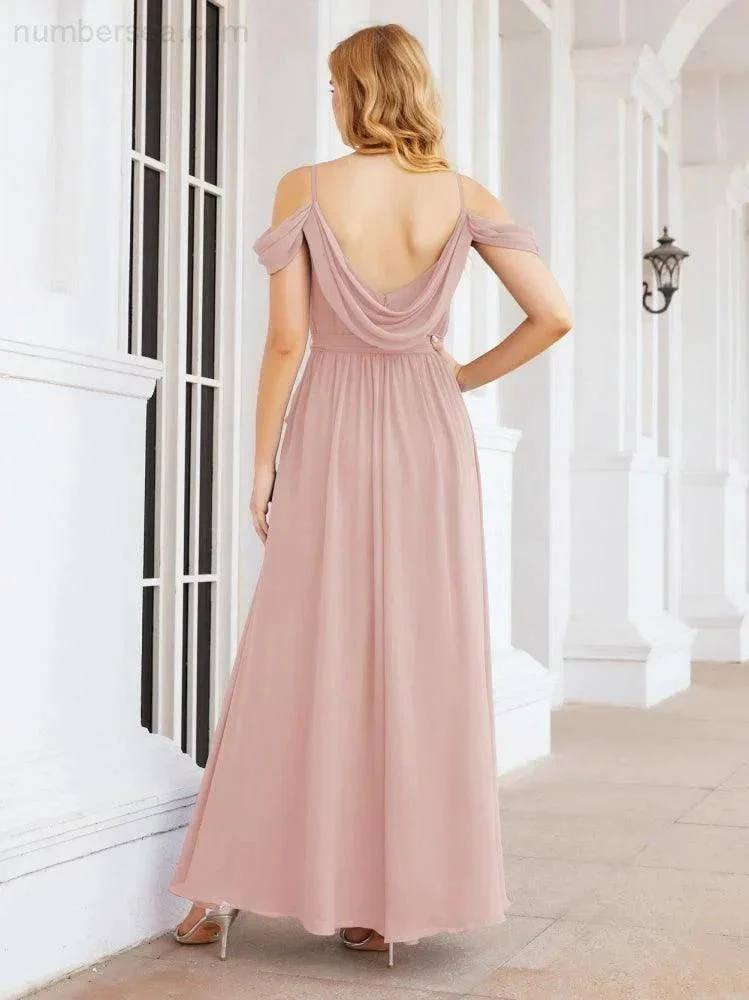 Numbersea Off The Shoulder Chiffon Bridesmaid Dress Long Formal Graduation Gown with Cowl Back 28069 - Image 26