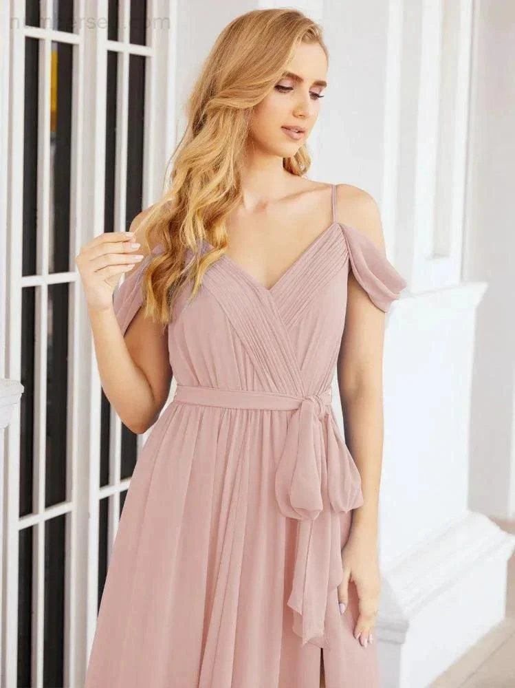 Numbersea Off The Shoulder Chiffon Bridesmaid Dress Long Formal Graduation Gown with Cowl Back 28069 - Image 27