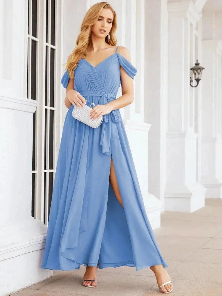 Numbersea Off The Shoulder Chiffon Bridesmaid Dress Long Formal Graduation Gown with Cowl Back 28069 - Image 28