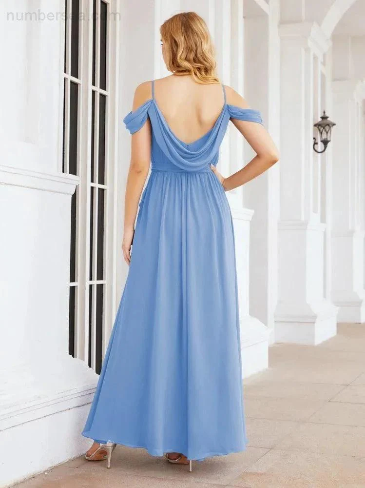 Numbersea Off The Shoulder Chiffon Bridesmaid Dress Long Formal Graduation Gown with Cowl Back 28069 - Image 29