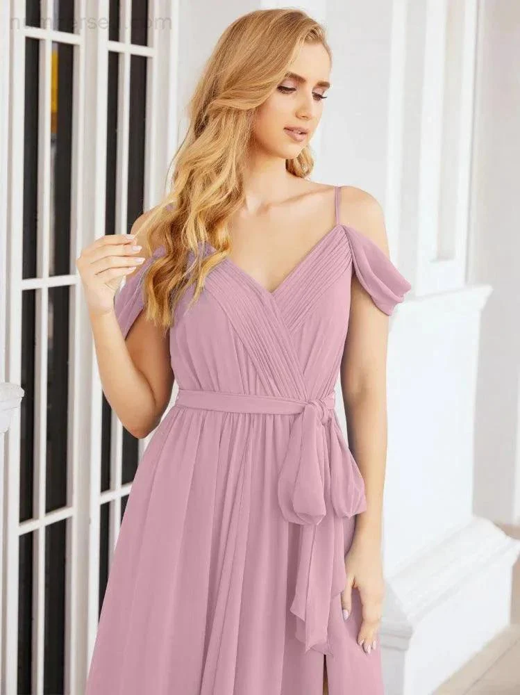 Numbersea Off The Shoulder Chiffon Bridesmaid Dress Long Formal Graduation Gown with Cowl Back 28069 - Image 3