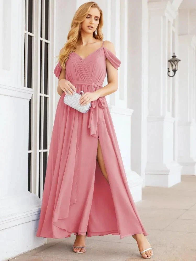 Numbersea Off The Shoulder Chiffon Bridesmaid Dress Long Formal Graduation Gown with Cowl Back 28069 - Image 31