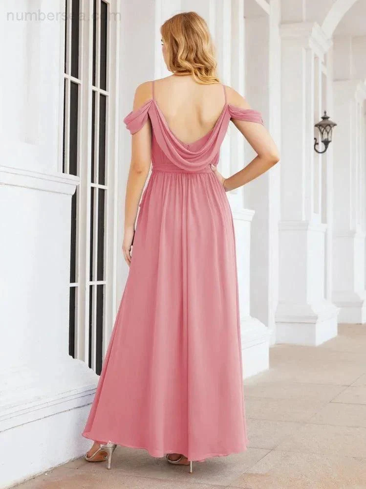 Numbersea Off The Shoulder Chiffon Bridesmaid Dress Long Formal Graduation Gown with Cowl Back 28069 - Image 32