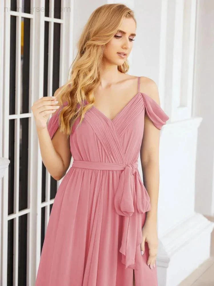 Numbersea Off The Shoulder Chiffon Bridesmaid Dress Long Formal Graduation Gown with Cowl Back 28069 - Image 33