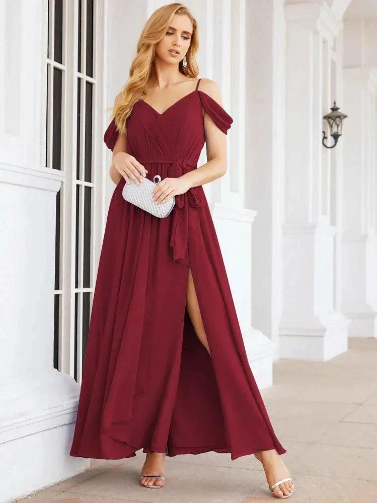 Numbersea Off The Shoulder Chiffon Bridesmaid Dress Long Formal Graduation Gown with Cowl Back 28069 - Image 34