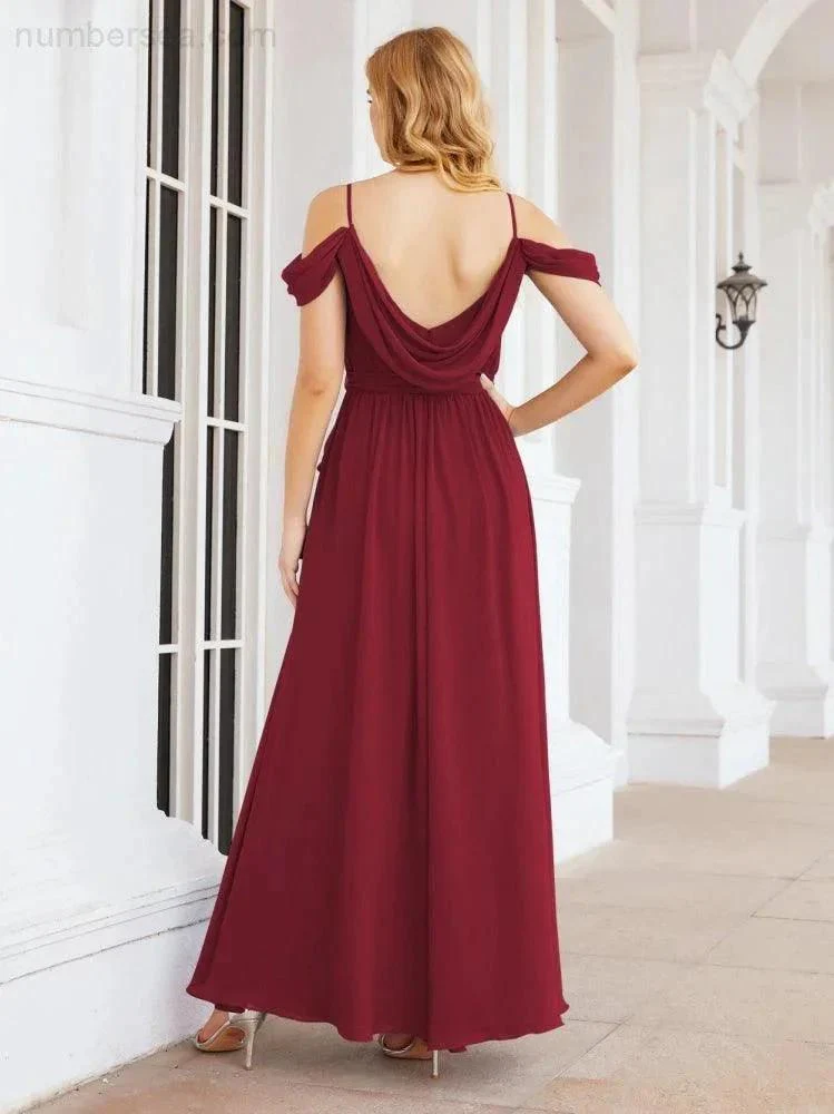 Numbersea Off The Shoulder Chiffon Bridesmaid Dress Long Formal Graduation Gown with Cowl Back 28069 - Image 35