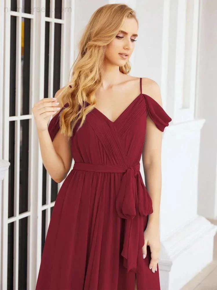 Numbersea Off The Shoulder Chiffon Bridesmaid Dress Long Formal Graduation Gown with Cowl Back 28069 - Image 36