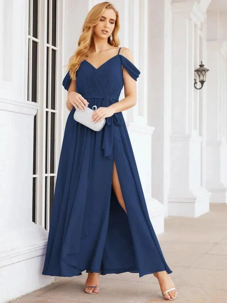 Numbersea Off The Shoulder Chiffon Bridesmaid Dress Long Formal Graduation Gown with Cowl Back 28069 - Image 37