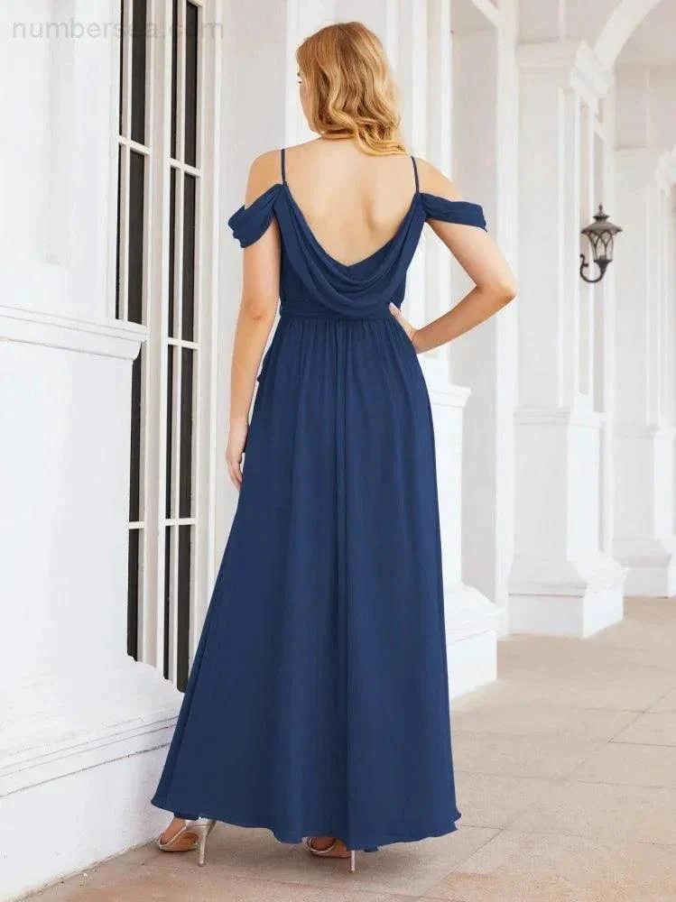 Numbersea Off The Shoulder Chiffon Bridesmaid Dress Long Formal Graduation Gown with Cowl Back 28069 - Image 38