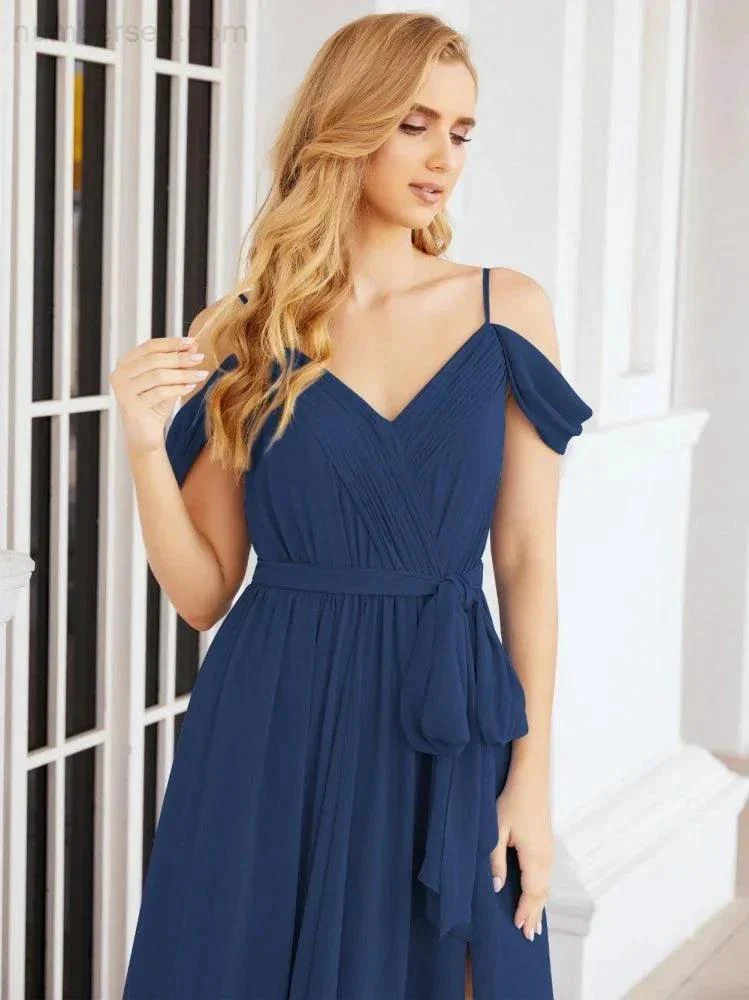 Numbersea Off The Shoulder Chiffon Bridesmaid Dress Long Formal Graduation Gown with Cowl Back 28069 - Image 39
