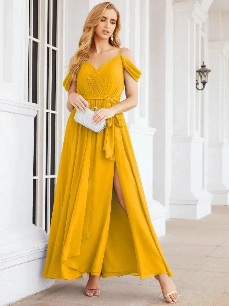 Numbersea Off The Shoulder Chiffon Bridesmaid Dress Long Formal Graduation Gown with Cowl Back 28069 - Image 4