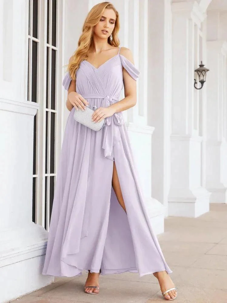 Numbersea Off The Shoulder Chiffon Bridesmaid Dress Long Formal Graduation Gown with Cowl Back 28069 - Image 40