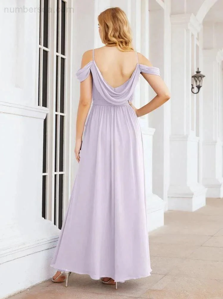 Numbersea Off The Shoulder Chiffon Bridesmaid Dress Long Formal Graduation Gown with Cowl Back 28069 - Image 41