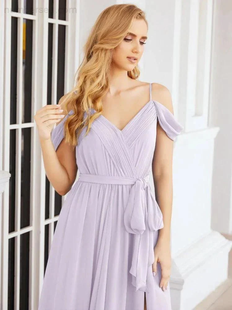 Numbersea Off The Shoulder Chiffon Bridesmaid Dress Long Formal Graduation Gown with Cowl Back 28069 - Image 42