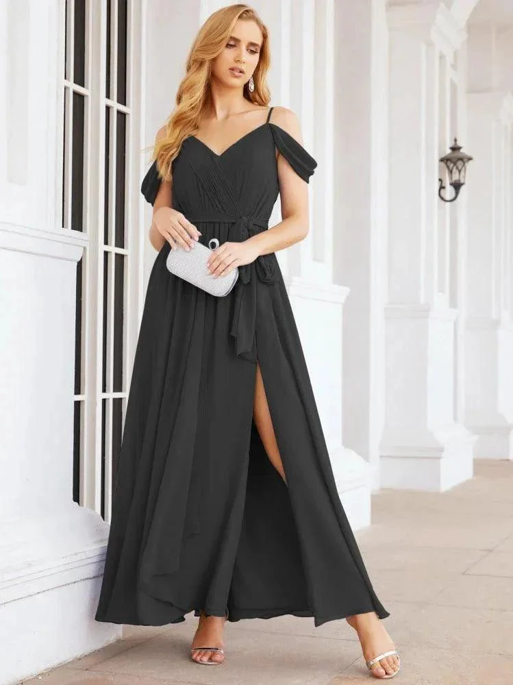 Numbersea Off The Shoulder Chiffon Bridesmaid Dress Long Formal Graduation Gown with Cowl Back 28069 - Image 43