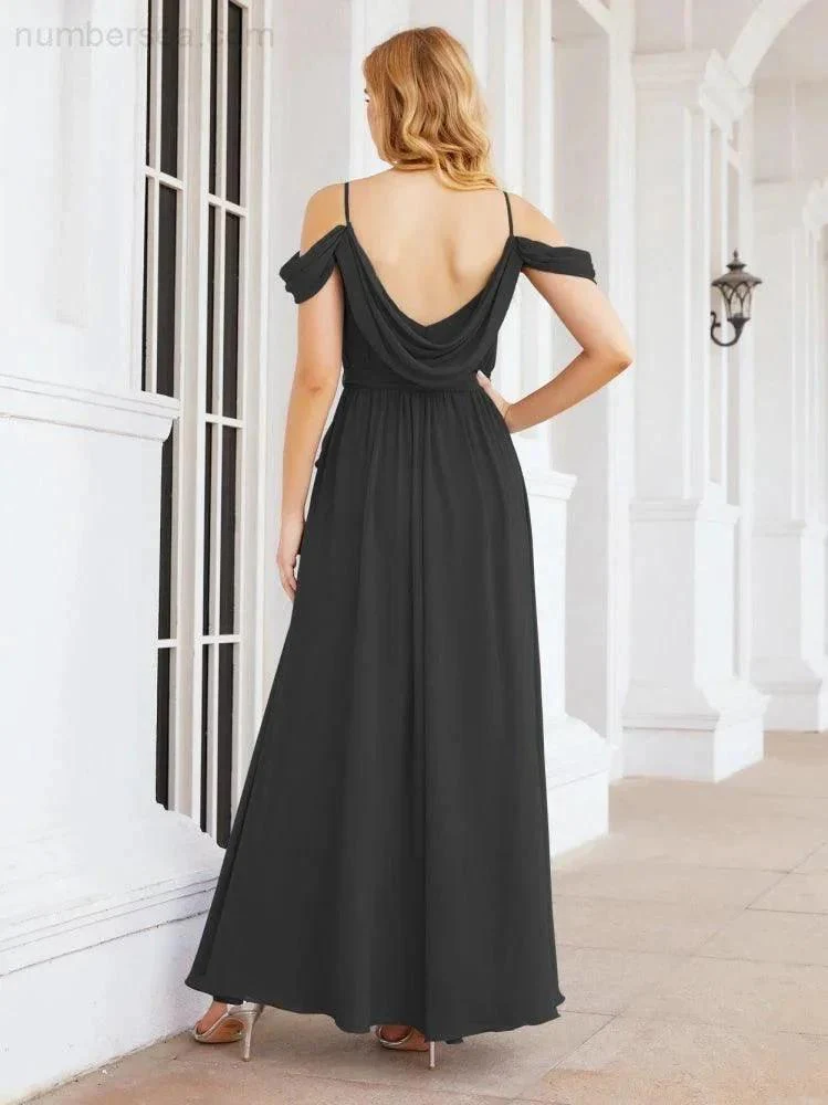 Numbersea Off The Shoulder Chiffon Bridesmaid Dress Long Formal Graduation Gown with Cowl Back 28069 - Image 44