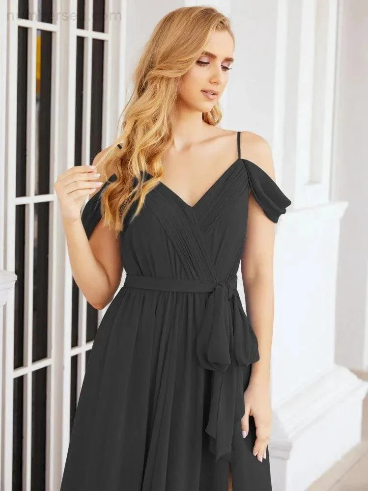 Numbersea Off The Shoulder Chiffon Bridesmaid Dress Long Formal Graduation Gown with Cowl Back 28069 - Image 45